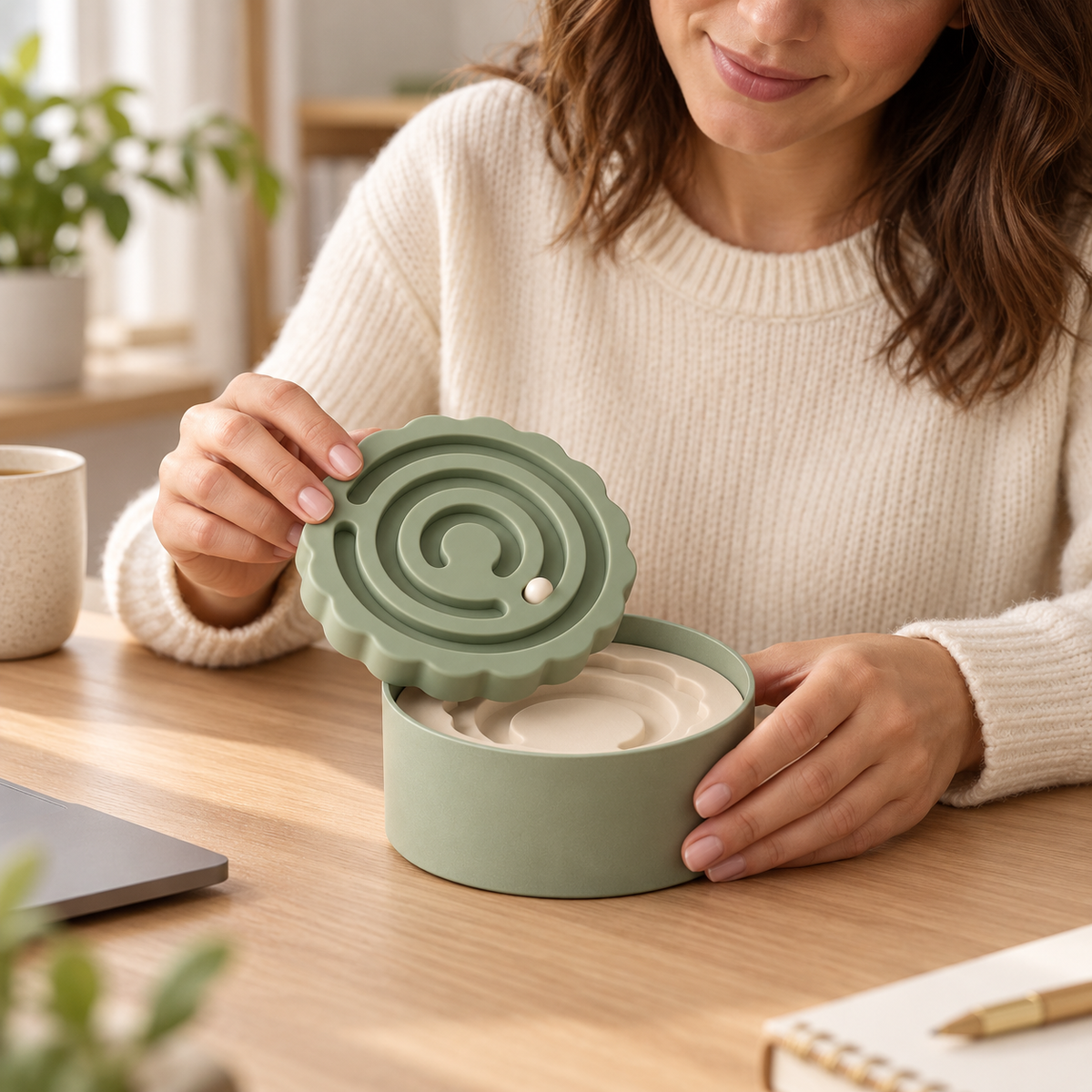 Sage Orbit Scalloped Maze Disk with Cream Bead